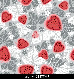 Seamless pattern with strawberries and leaves, flowers, vector hearts, hearts for Valentine`s Day, seamless pattern for printing on paper, wallpaper Stock Vector